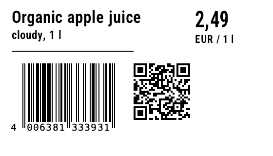 Dasselbe Etikett mit ergänztem QR-Code (GS1 Digital Link) rechts neben dem EAN-13
