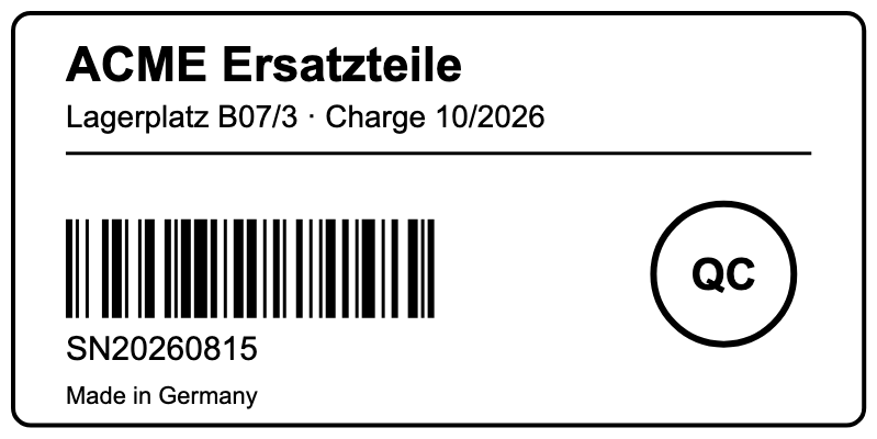 SVG-Etikett mit Titel, Lagerplatz, Linie, Code 128, Seriennummer und QC-Stempel