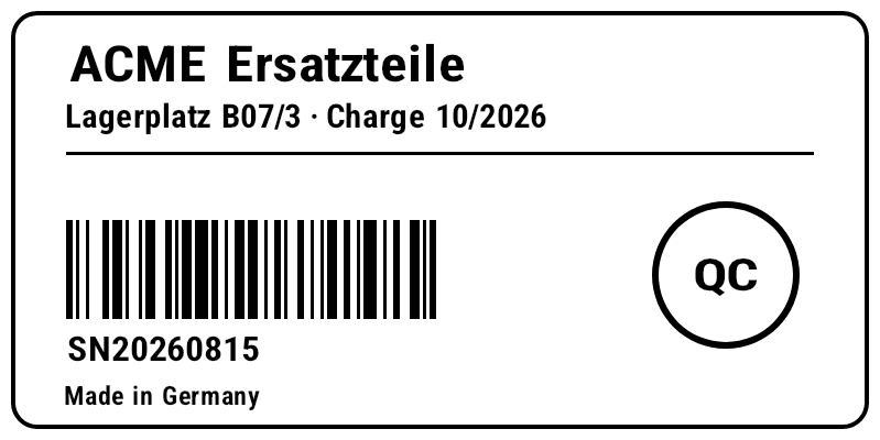 Dasselbe Etikett aus nativem ZPL: Text in Schrift 0, Code 128 als ^BC, Rahmen, Linie und Kreis als ZPL-Formen