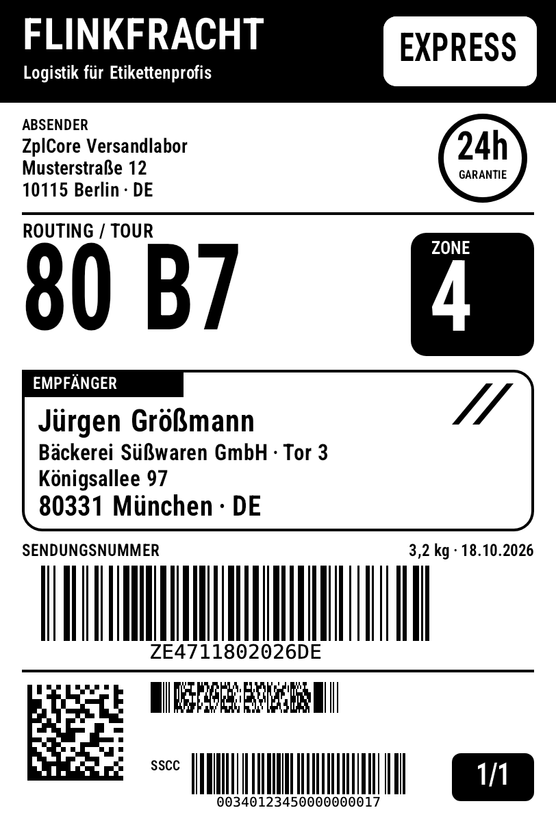 Versandetikett mit Absender, Empfänger, Sendungsnummer und 2D-Codes