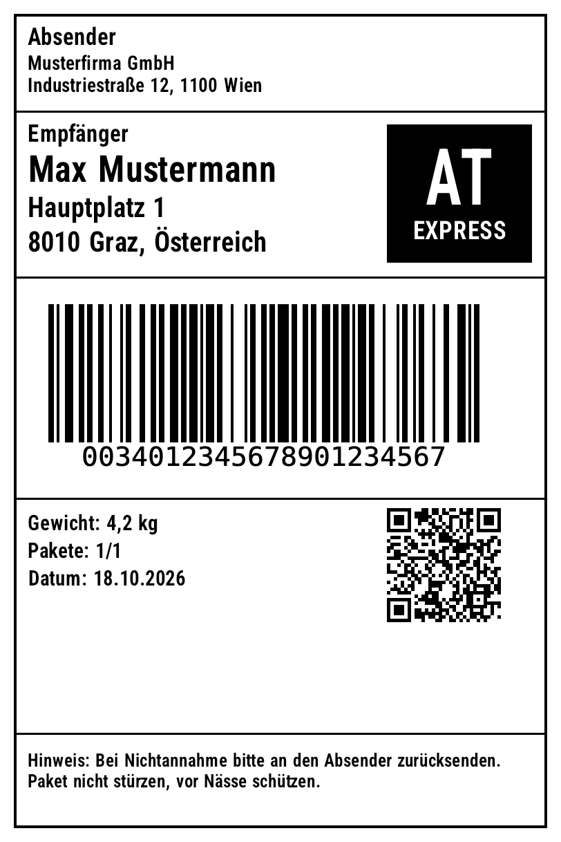 Versandetikett, gerendert aus samples/zpl/five-labels.zpl