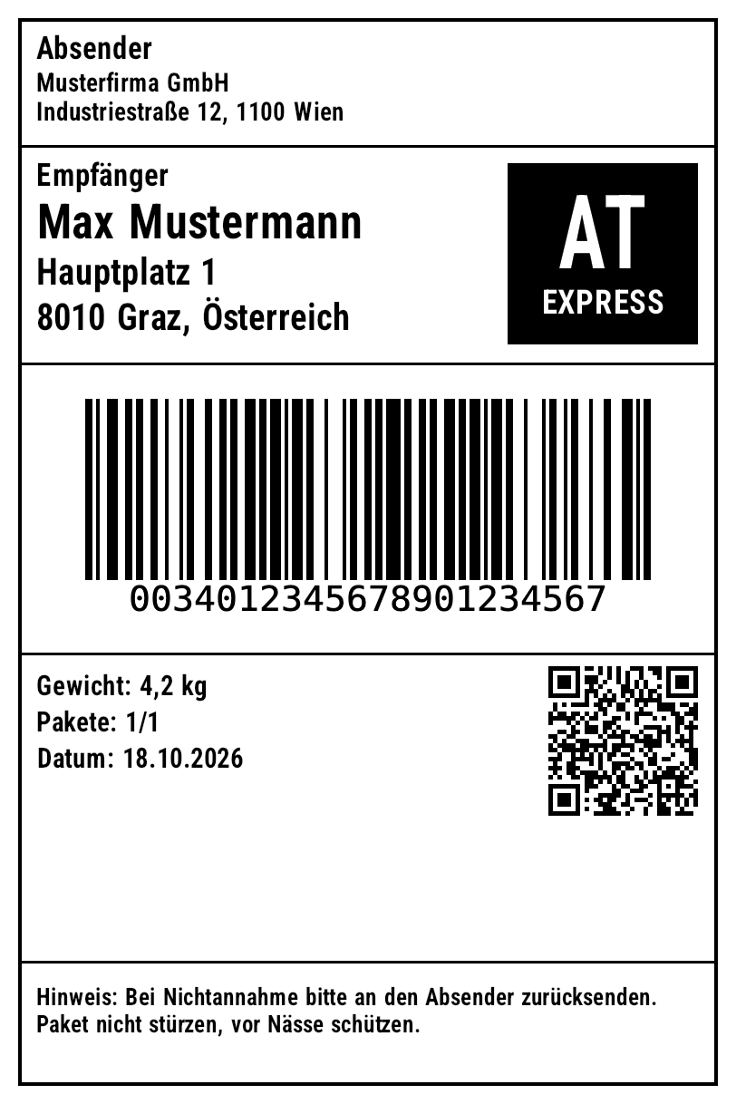 Versandetikett, gerendert aus samples/zpl/five-labels.zpl