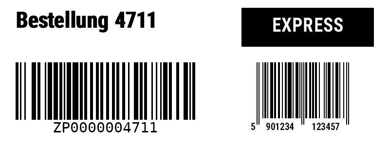 Label with native bold text, white EXPRESS on a black box, a box-fitted Code 128 and an EAN-13 with a compact human-readable line