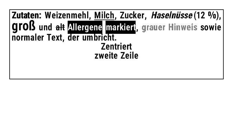 Rich text label: bold, underline, italic, highlight, sizes, grey and justified text