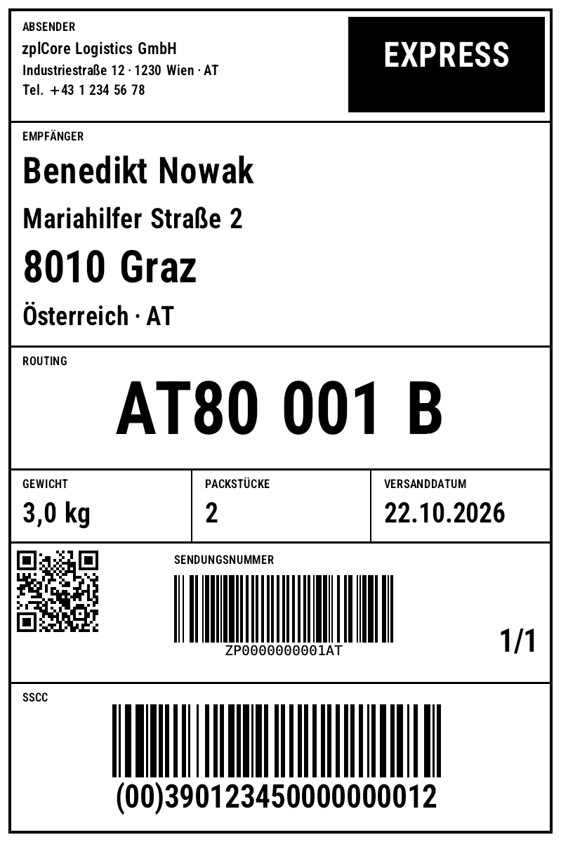 Das Benchmark-Etikett: Versandetikett 100 × 150 mm mit QR-Code, Code 128 und GS1-128-SSCC