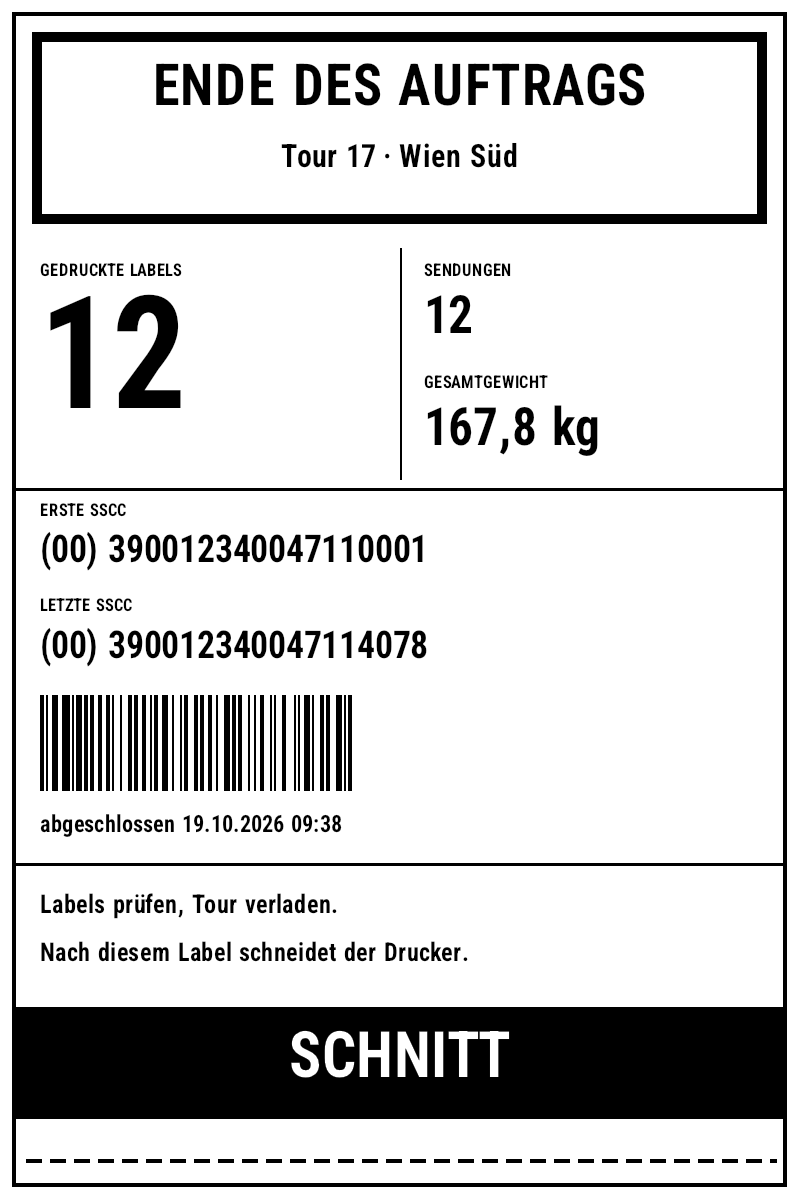 End-Label mit 12 gedruckten Labels, Gesamtgewicht, erster und letzter SSCC und Schnittmarke