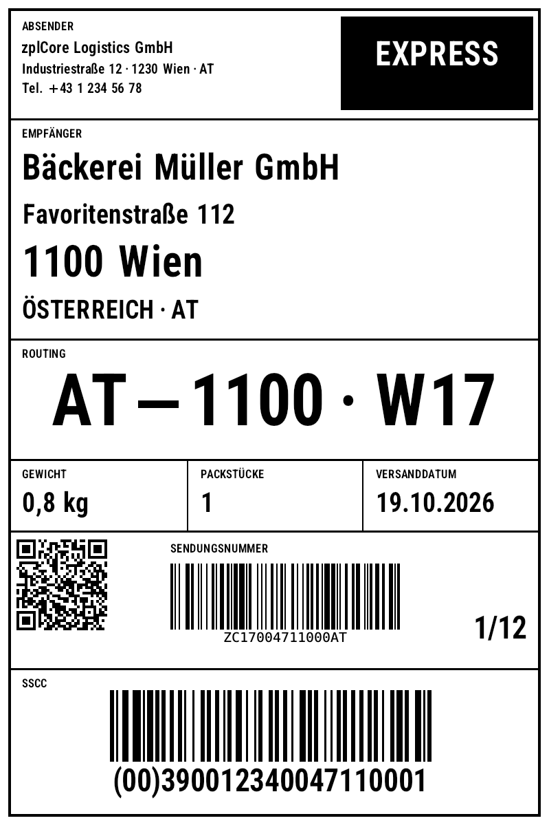 Versandlabel 1 mit Empfänger, Routing-Code, Tracking-QR und GS1-128-SSCC