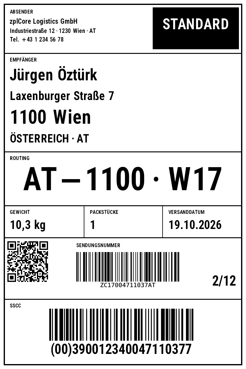 Versandlabel 2 mit Empfänger, Routing-Code, Tracking-QR und GS1-128-SSCC