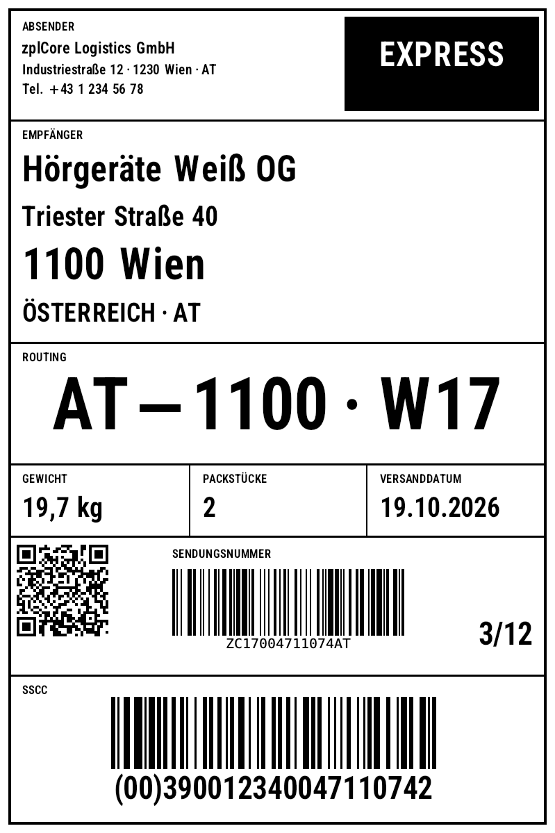 Versandlabel 3 mit Empfänger, Routing-Code, Tracking-QR und GS1-128-SSCC