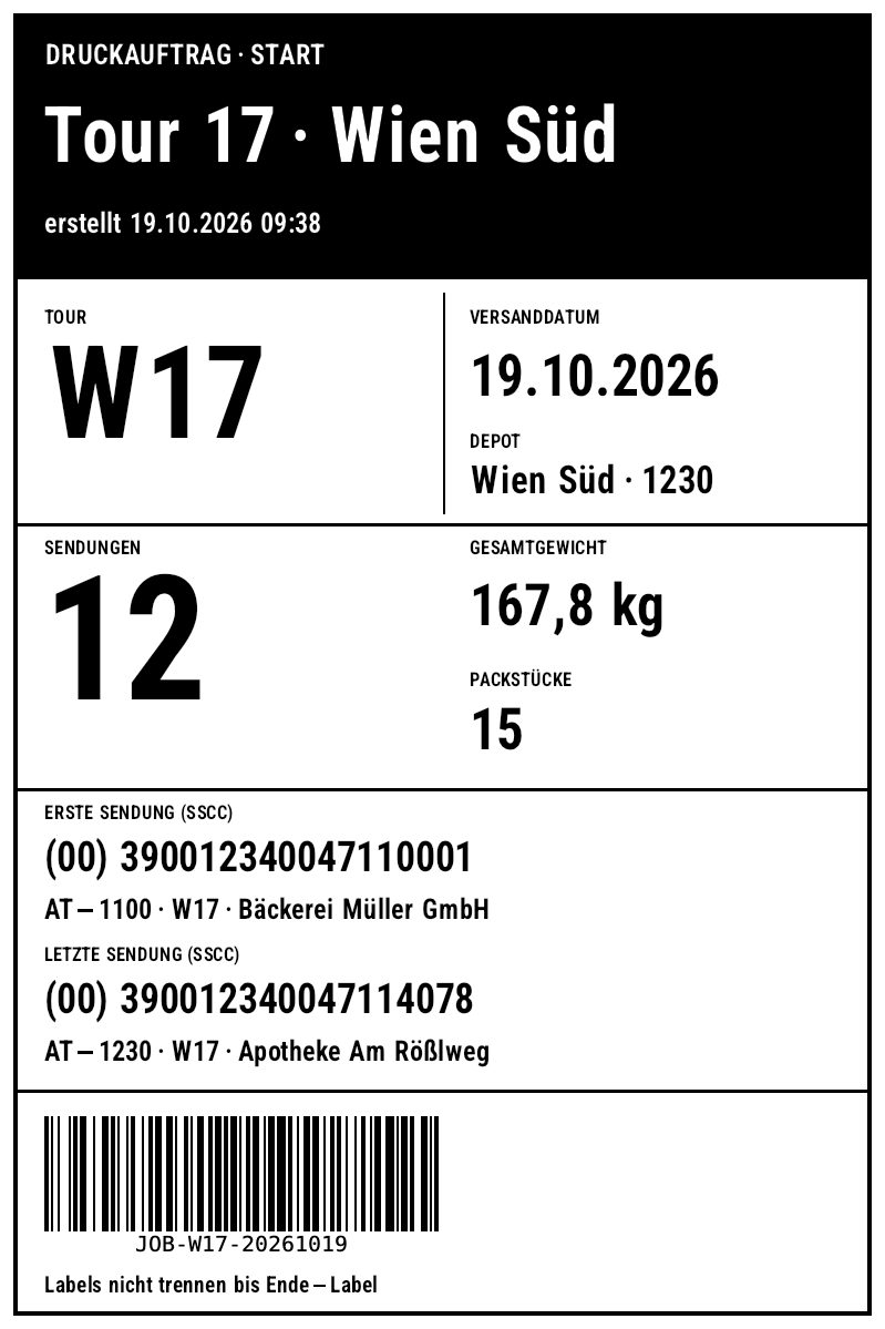 Start-Label des Druckauftrags Tour 17 mit Datum, 12 Sendungen, Gesamtgewicht und erster/letzter SSCC