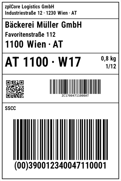 Von zplCore gerendertes GS1-Versandetikett 100 × 150 mm mit Empfänger, Routing, QR-Code, Sendungsnummer und SSCC-Barcode