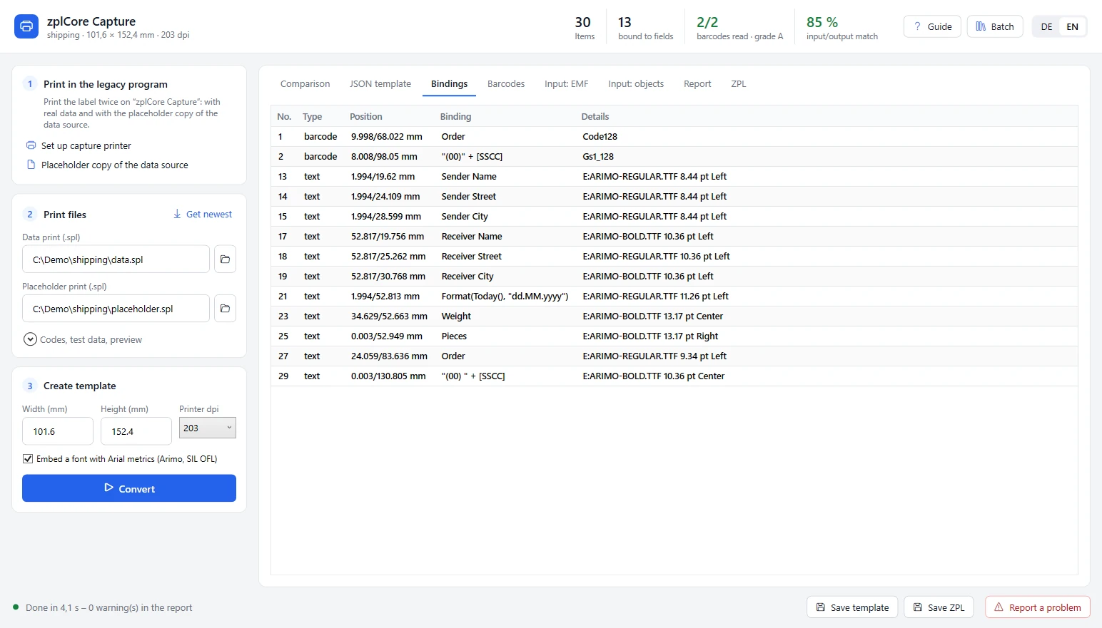 zplCore Capture: list of bound items with field or expression, font and alignment