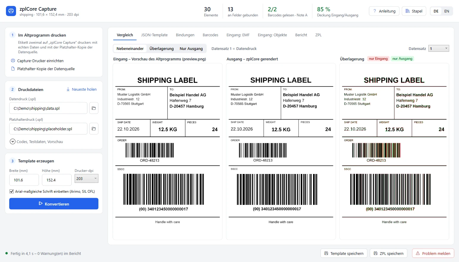zplCore Capture nach dem Konvertieren des Demo-Versandetiketts: Eingang (Vorschau des Originals), von zplCore gerenderter Ausgang und die Rot/Grün-Überlagerung nebeneinander; 30 Elemente, 13 an Felder gebunden, 2 von 2 Barcodes mit Note A gelesen, 85 % Deckung Eingang/Ausgang bei 203 dpi