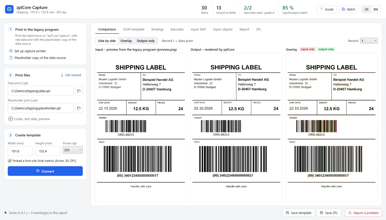 zplCore Capture after converting the demo shipping label: input (preview of the original), output rendered by zplCore and the red/green overlay side by side; 30 items, 13 bound to fields, 2 of 2 barcodes read with grade A, 85 % input/output match at 203 dpi