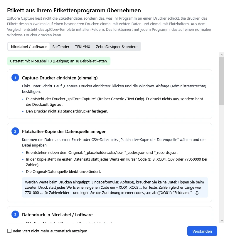 Eingebaute Schritt-für-Schritt-Anleitung mit Reitern für NiceLabel / Loftware, BarTender, TEKLYNX und ZebraDesigner & andere