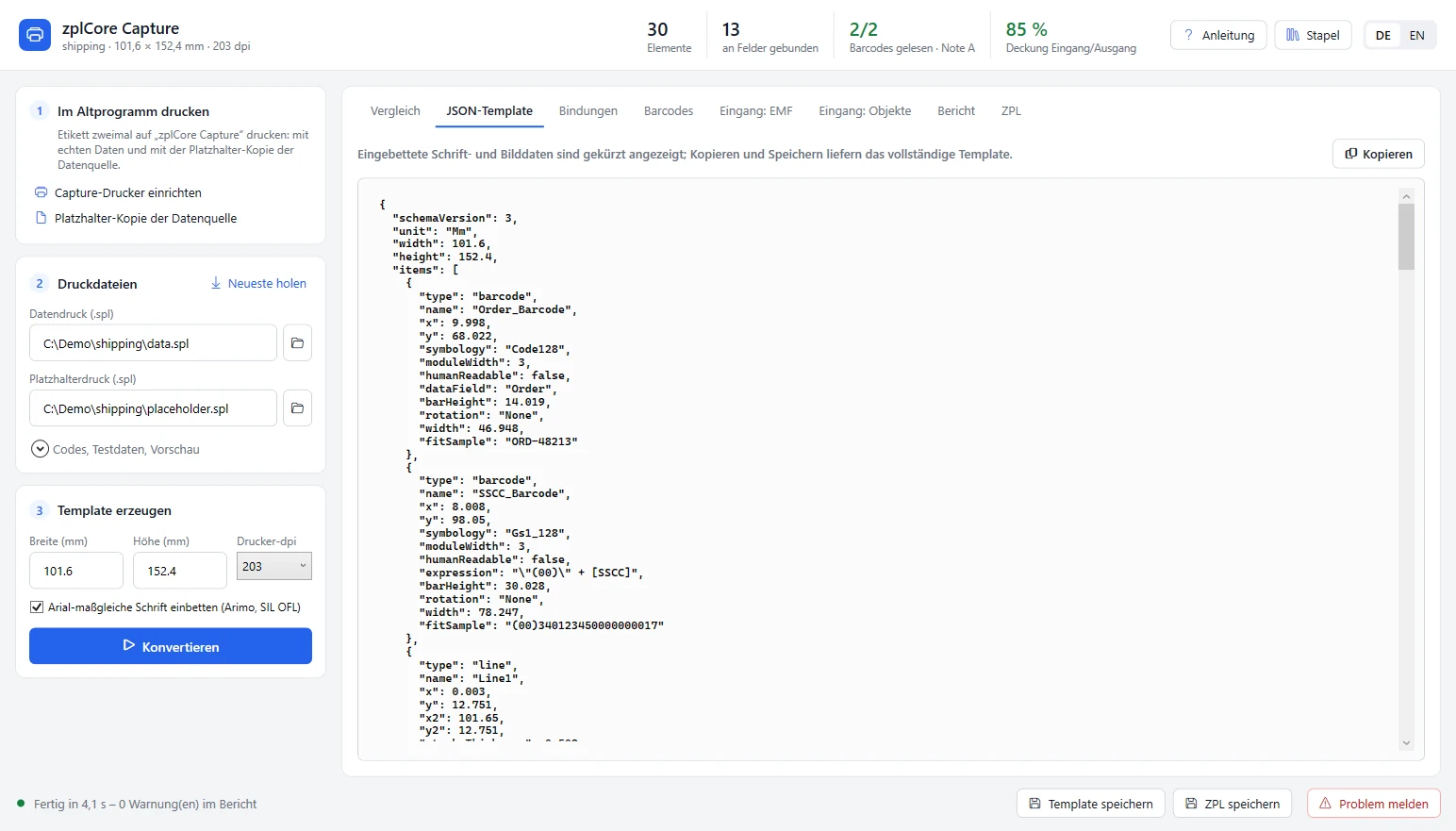 Reiter JSON-Template: die erzeugte zplCore-Etikettvorlage mit Barcode-Elementen, Datenfeldern und Ausdrücken