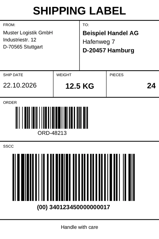 zplCore: dasselbe Etikett, aus der erzeugten Vorlage gerendert